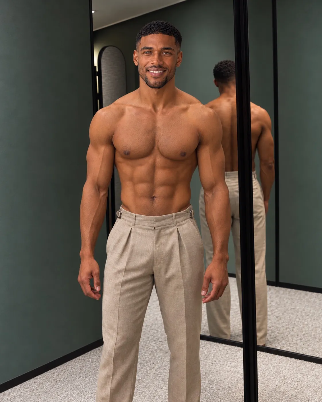 Ayo in tailored pleated trousers in a green dressing room with a mirror