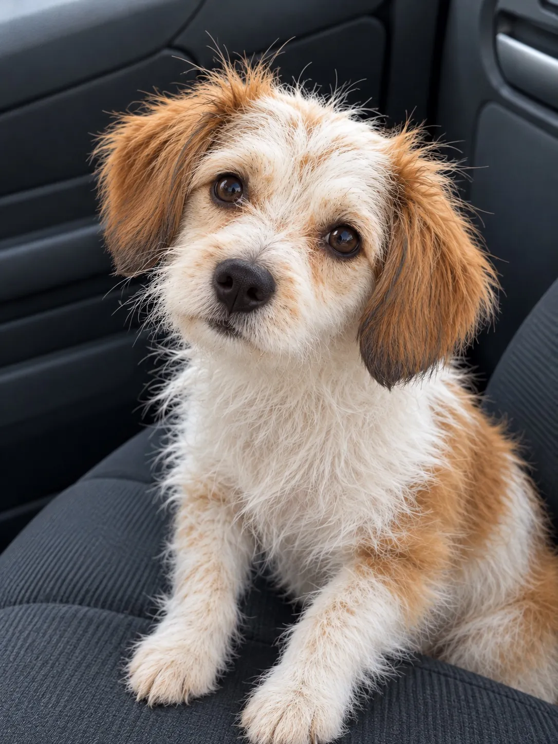 Boo as a puppy, sitting on a car seat and looking up