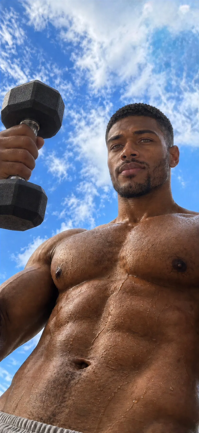 Ayo lifting a dumbbell against a bright blue sky