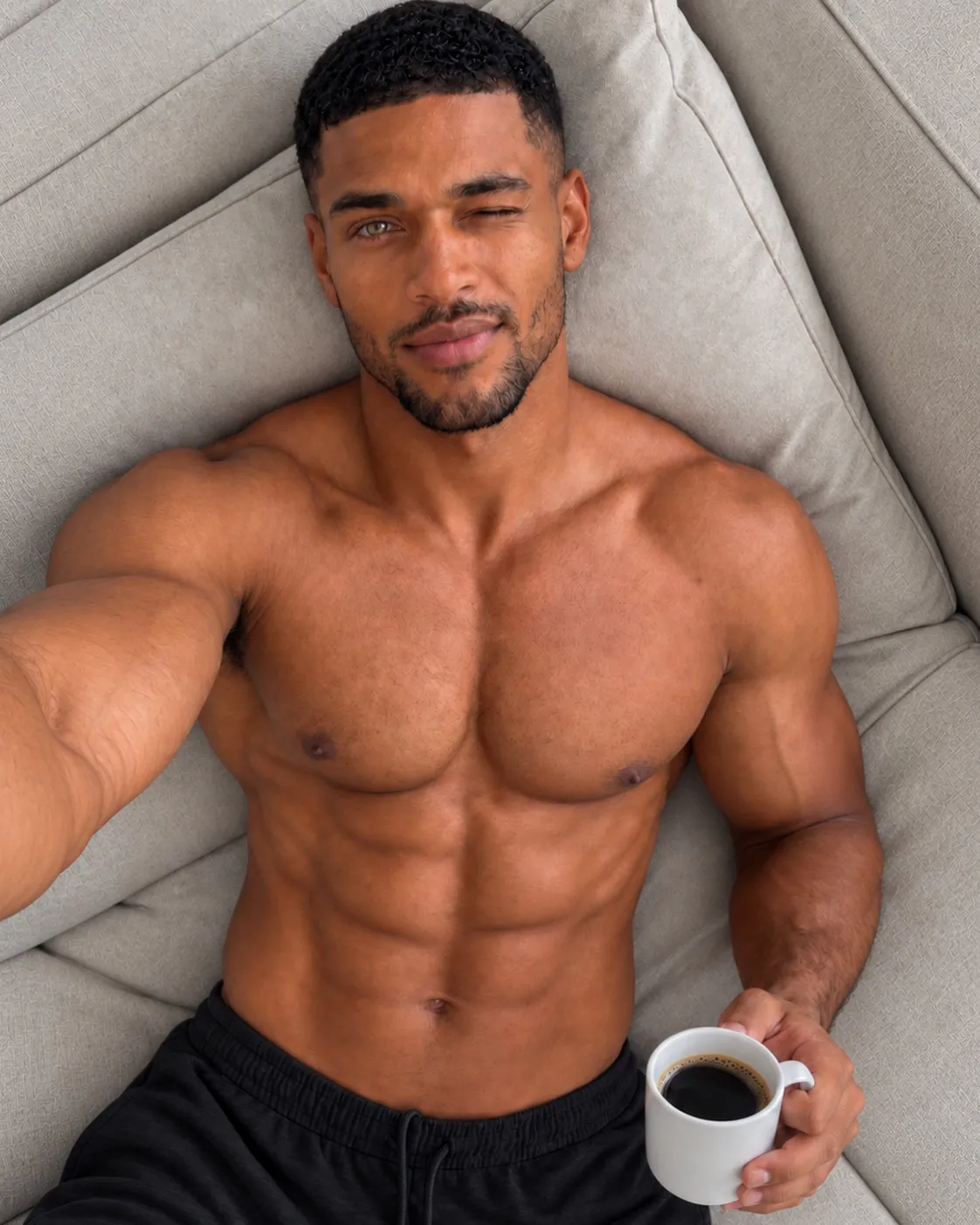 Ayo lying on a sofa with a cup of black coffee, winking at the camera