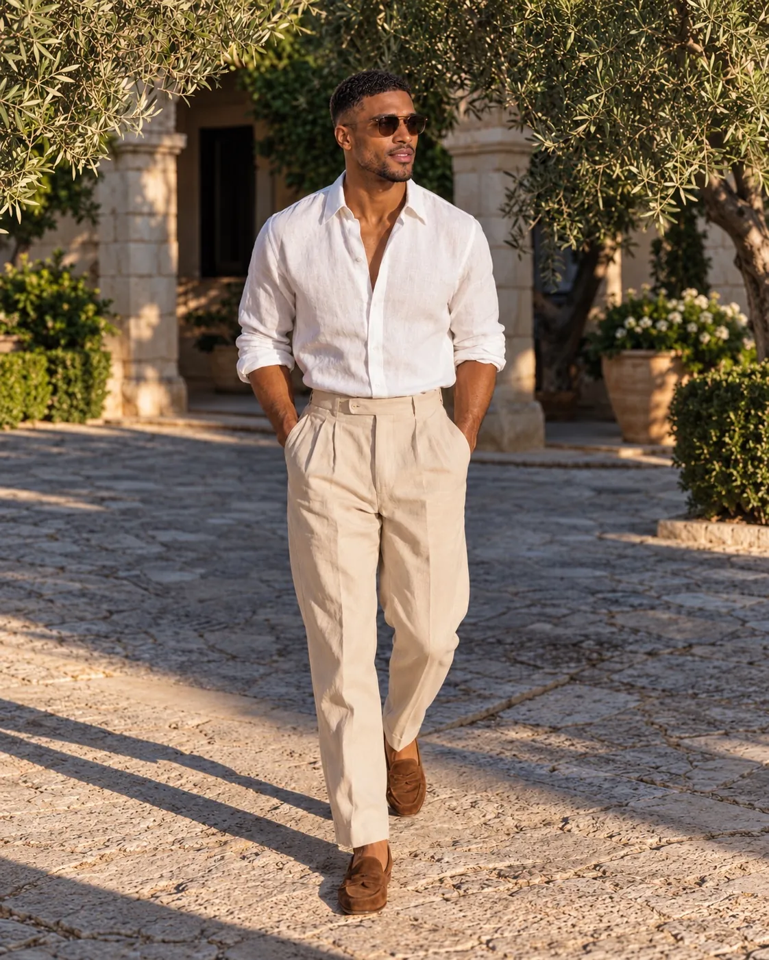 Ayo in a white linen shirt and pleated trousers walking through a sunlit courtyard