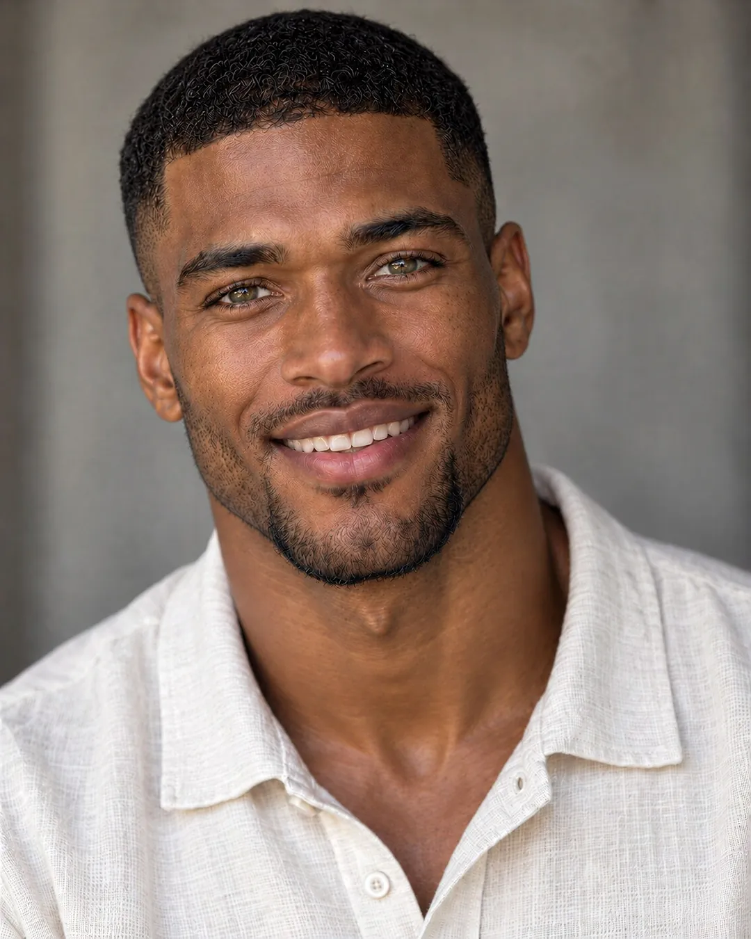 Ayo smiling warmly in a cream linen shirt