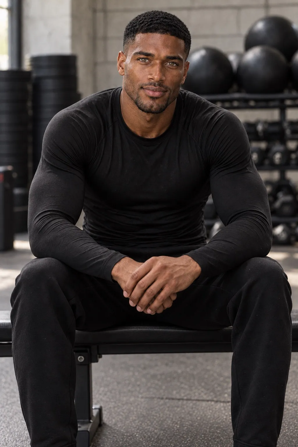 Ayo seated on a gym bench in black, elbows on his knees, hands clasped