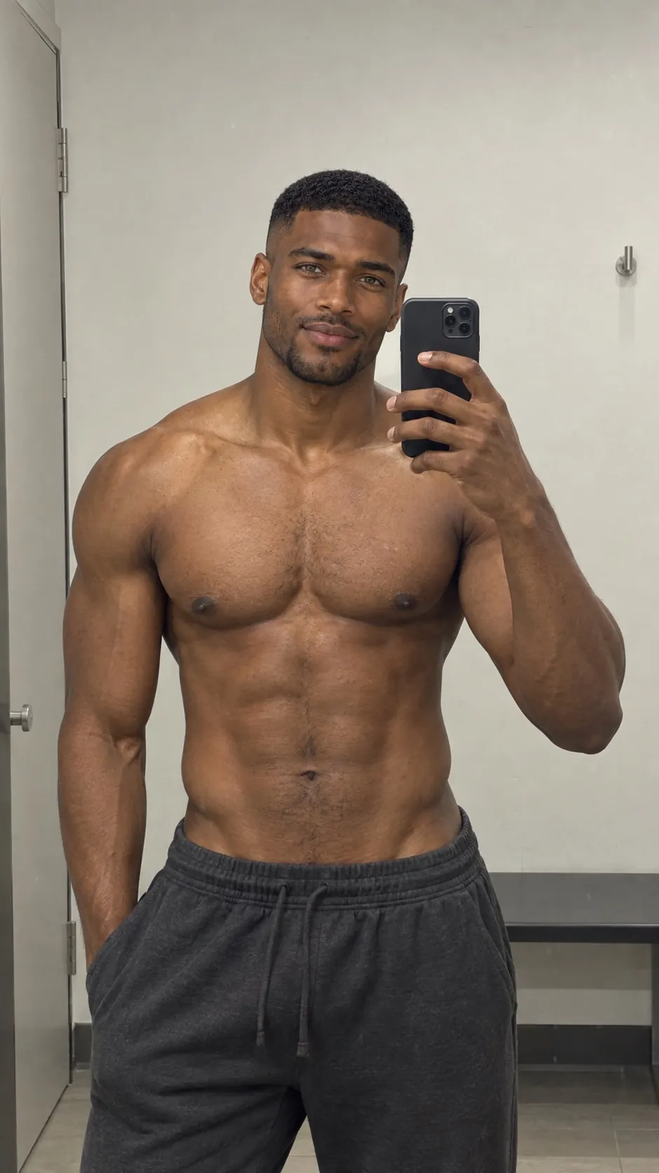 Ayo taking a mirror selfie in the gym changing room